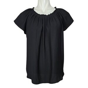 Chaps Women's Black Pleated Scoop Neck Cap Sleeve Blouse Medium